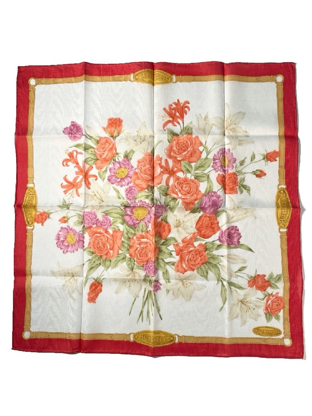 Vintage Burberrys Cotton Scarf Floral Bouquet Belt Print Red Border